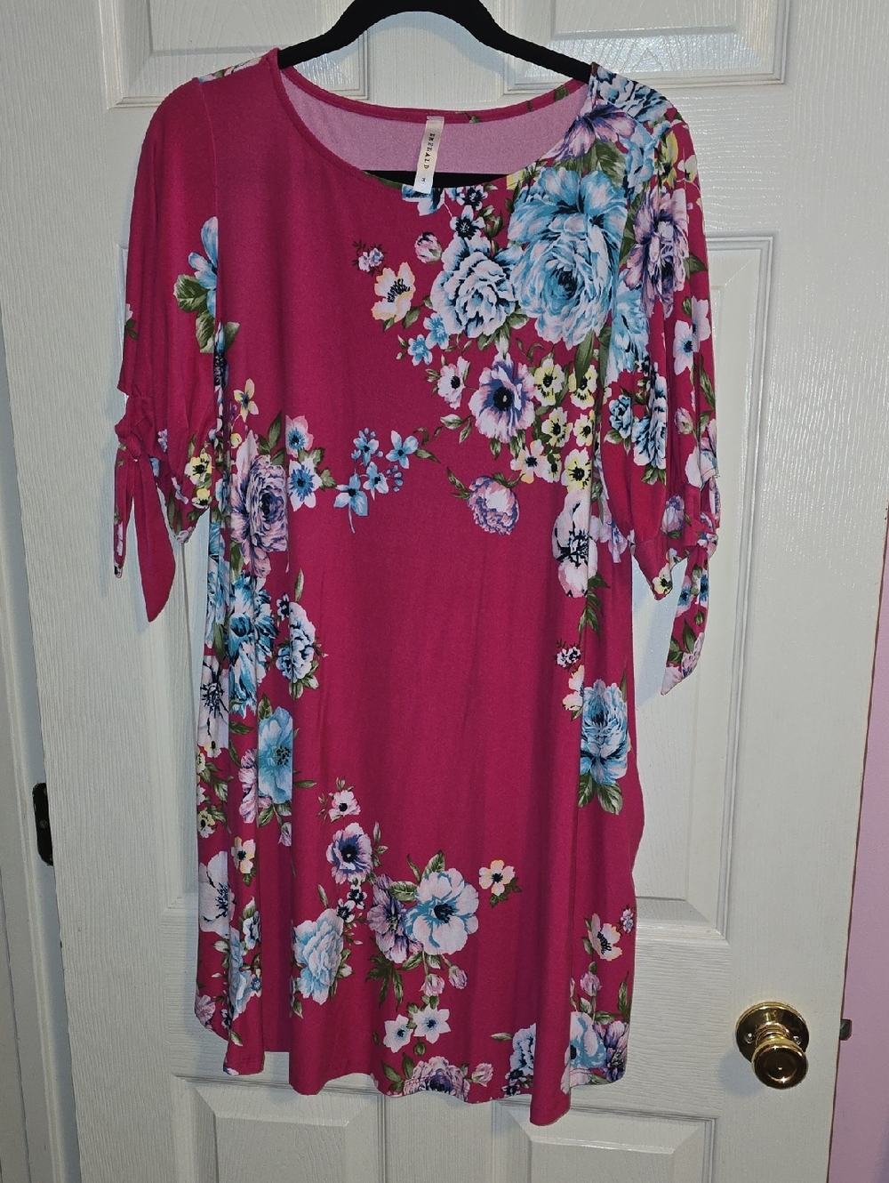 Emerald Fuchsia Floral Midi Dress with Blue Blooms
